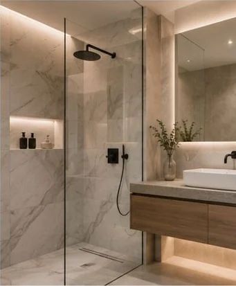 Baño con revestimiento de mármol, ducha a ras de suelo y toallero eléctrico