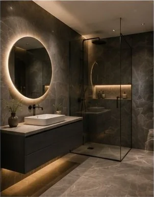 Baño en tonos oscuros con espejo circular retroiluminado y ducha de obra