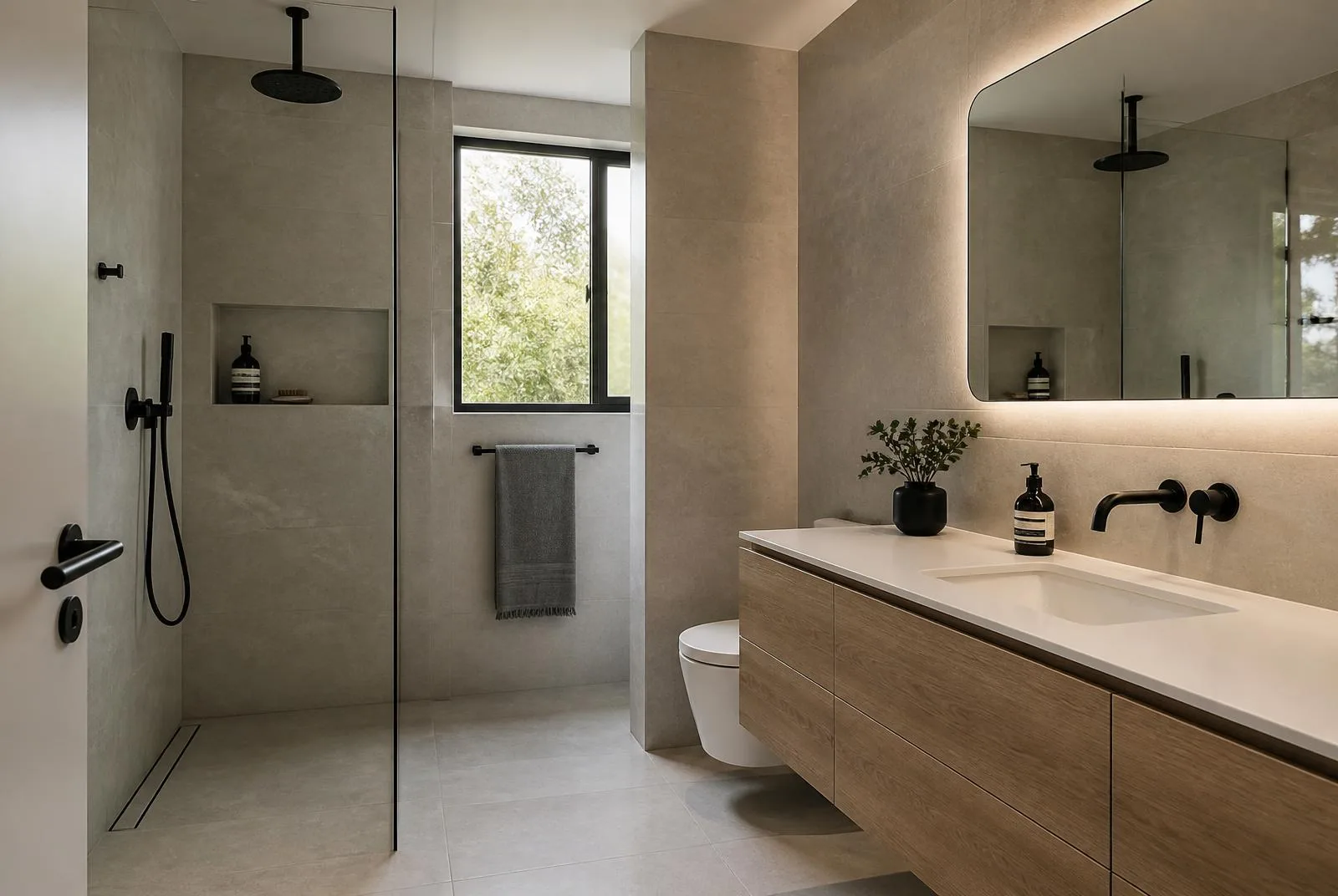 Baño reformado con ducha de obra, gran formato porcelánico y mueble suspendido
