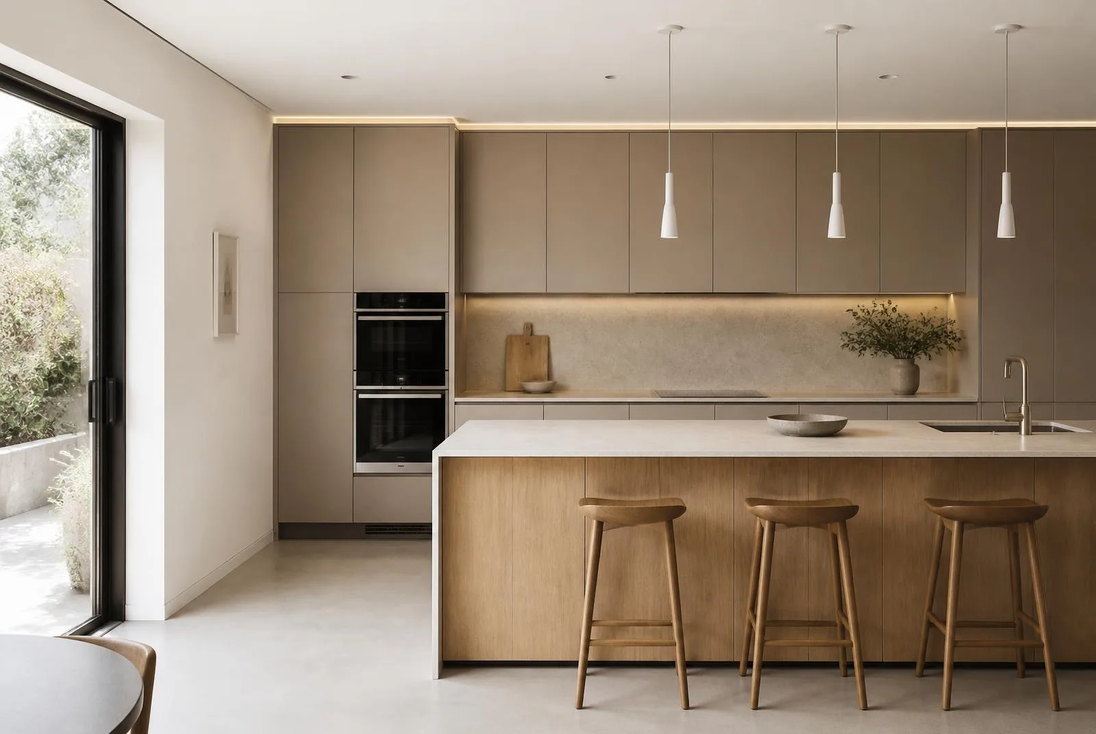 Cocina reformada con isla de roble, frentes sin tirador y encimera de piedra