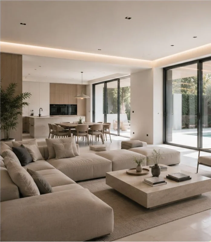 Salón comedor de una vivienda reformada, abierto a la cocina y con salida al jardín